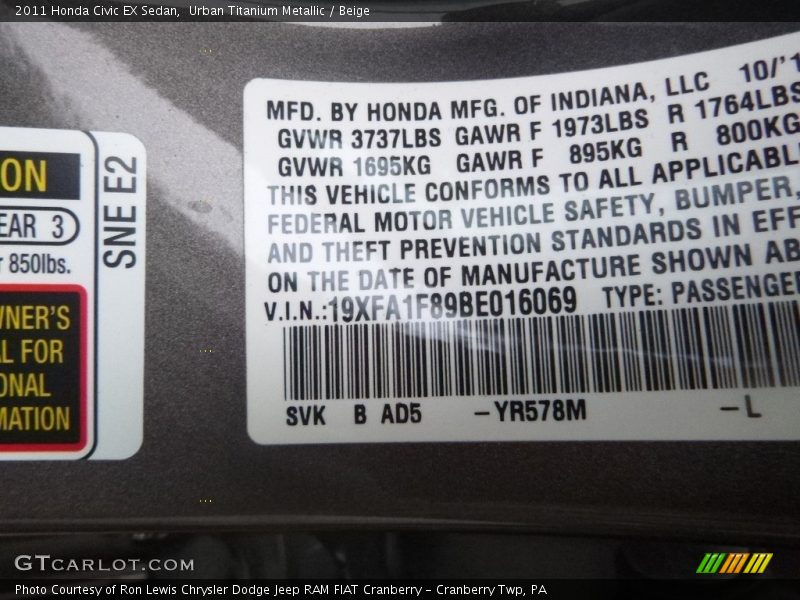 Urban Titanium Metallic / Beige 2011 Honda Civic EX Sedan