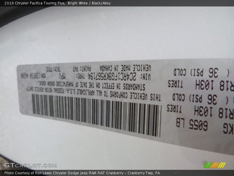 Bright White / Black/Alloy 2019 Chrysler Pacifica Touring Plus