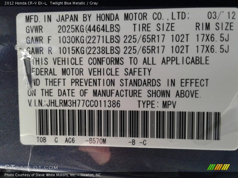 Twilight Blue Metallic / Gray 2012 Honda CR-V EX-L