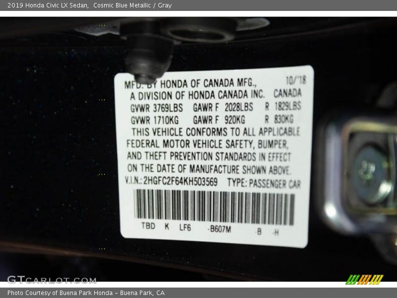 Cosmic Blue Metallic / Gray 2019 Honda Civic LX Sedan