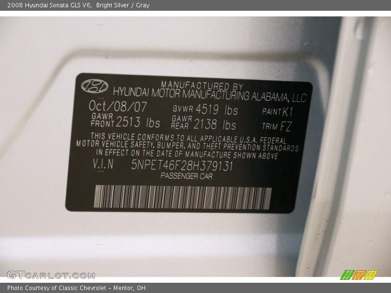 Bright Silver / Gray 2008 Hyundai Sonata GLS V6