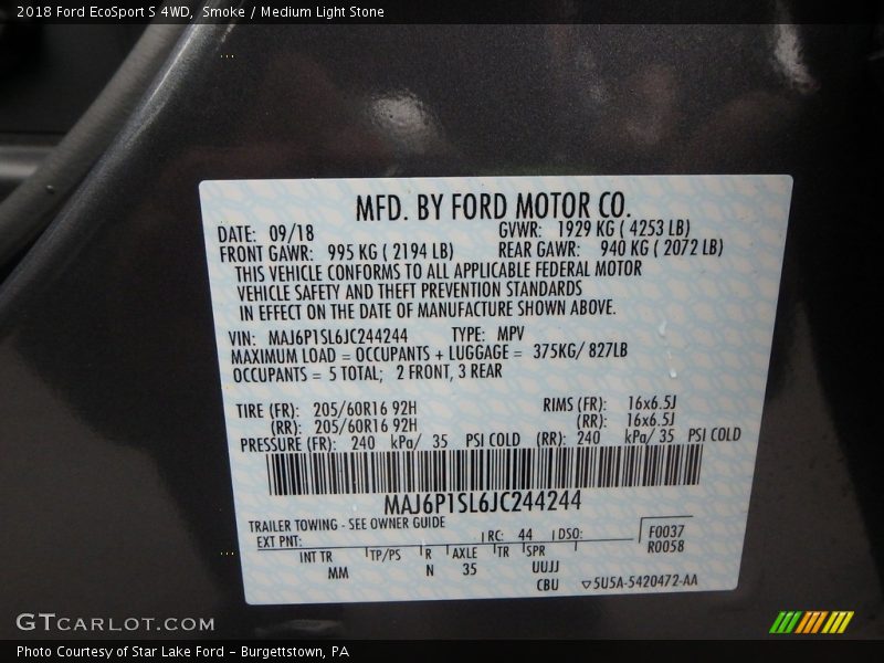 Smoke / Medium Light Stone 2018 Ford EcoSport S 4WD