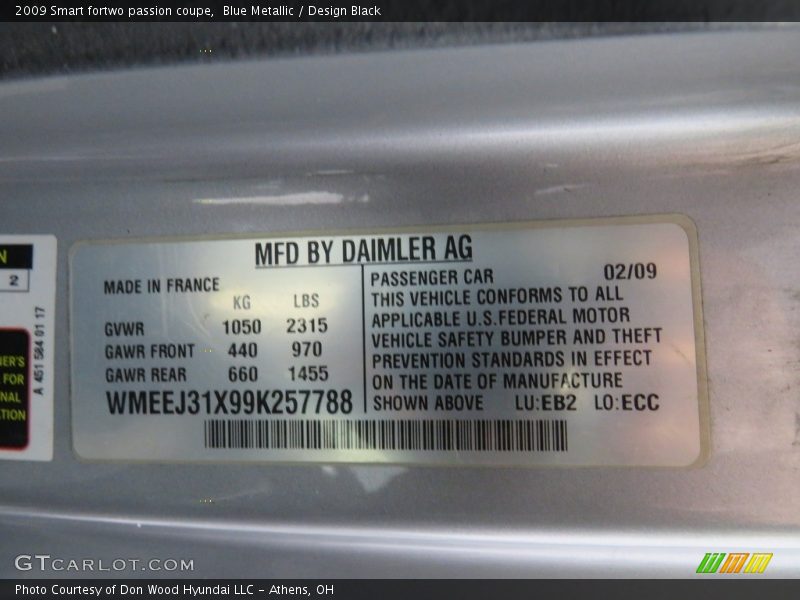Blue Metallic / Design Black 2009 Smart fortwo passion coupe