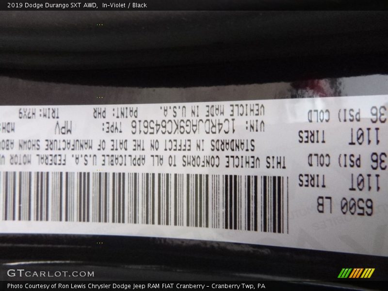 2019 Durango SXT AWD In–Violet Color Code PHR