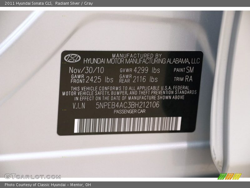 Radiant Silver / Gray 2011 Hyundai Sonata GLS