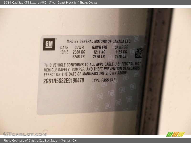 Silver Coast Metallic / Shale/Cocoa 2014 Cadillac XTS Luxury AWD