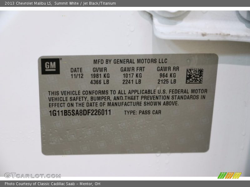 Summit White / Jet Black/Titanium 2013 Chevrolet Malibu LS