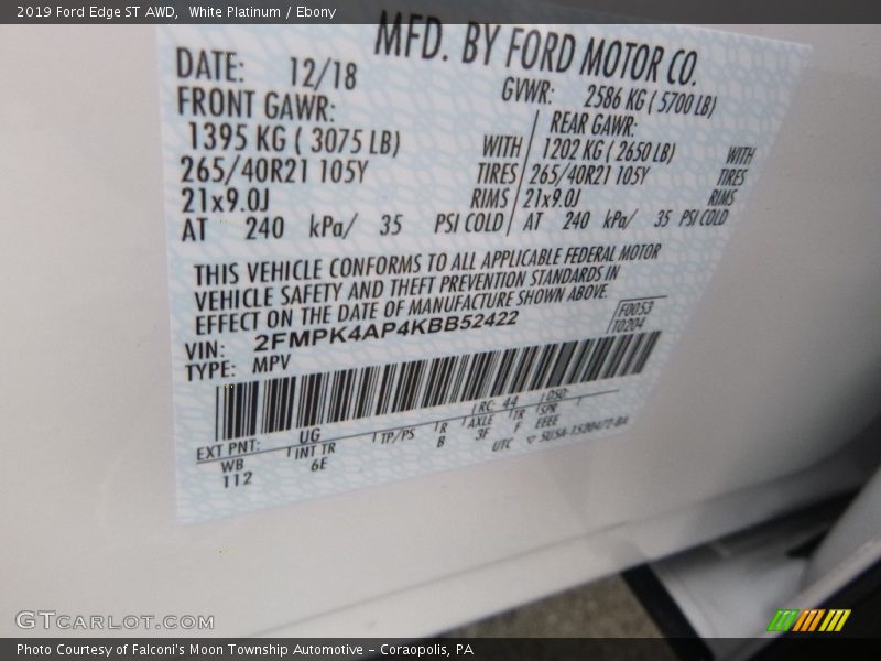 2019 Edge ST AWD White Platinum Color Code UG