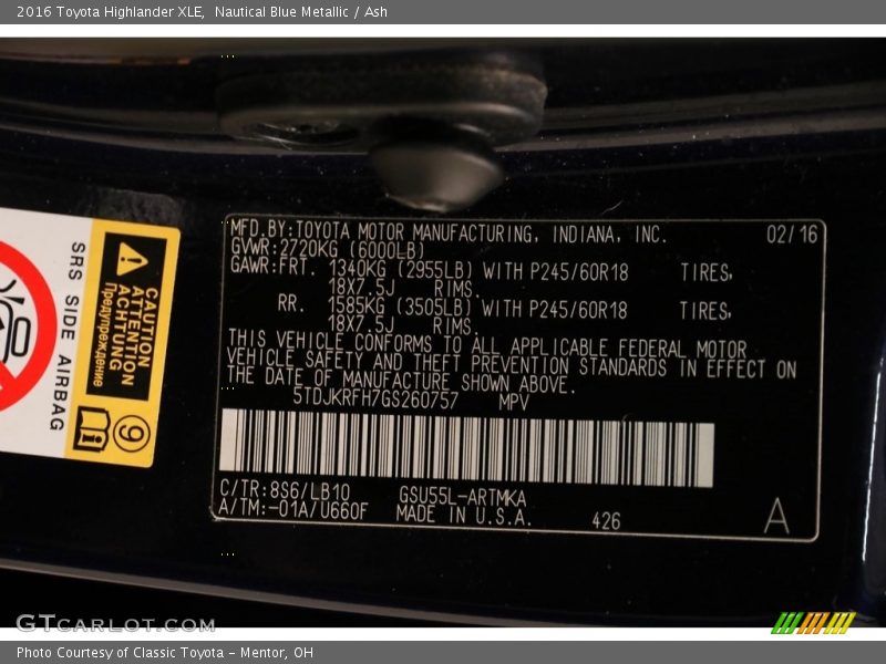 Nautical Blue Metallic / Ash 2016 Toyota Highlander XLE