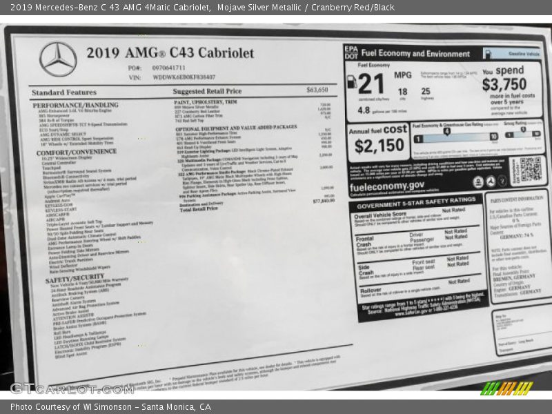  2019 C 43 AMG 4Matic Cabriolet Window Sticker