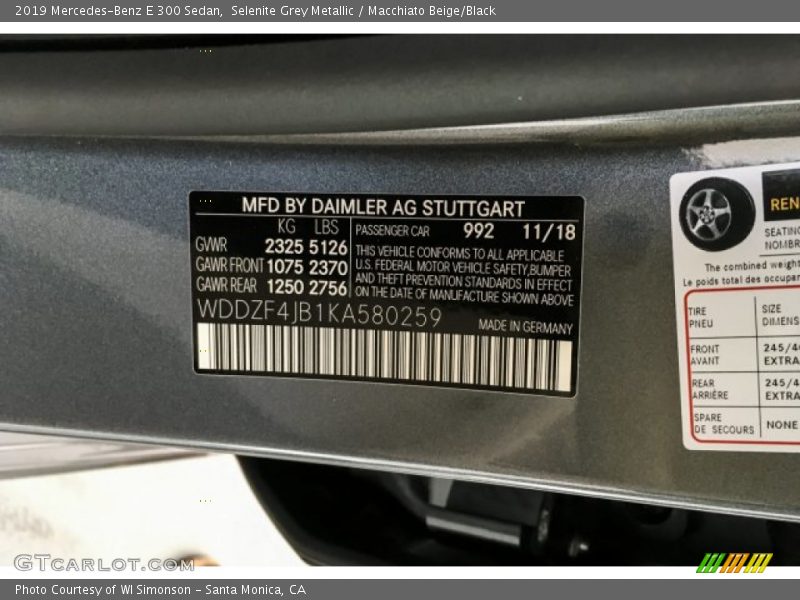 Selenite Grey Metallic / Macchiato Beige/Black 2019 Mercedes-Benz E 300 Sedan