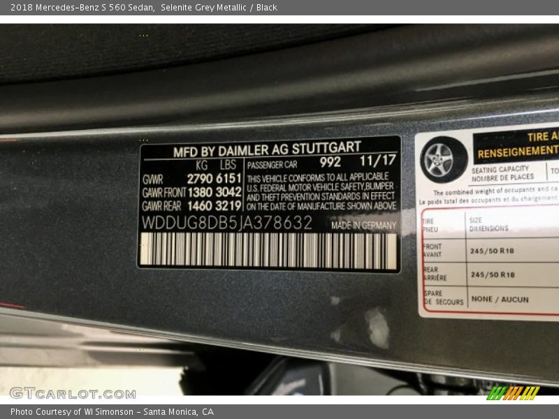 Selenite Grey Metallic / Black 2018 Mercedes-Benz S 560 Sedan