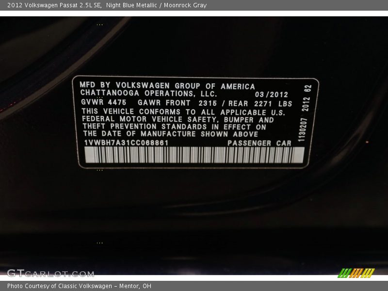 Night Blue Metallic / Moonrock Gray 2012 Volkswagen Passat 2.5L SE