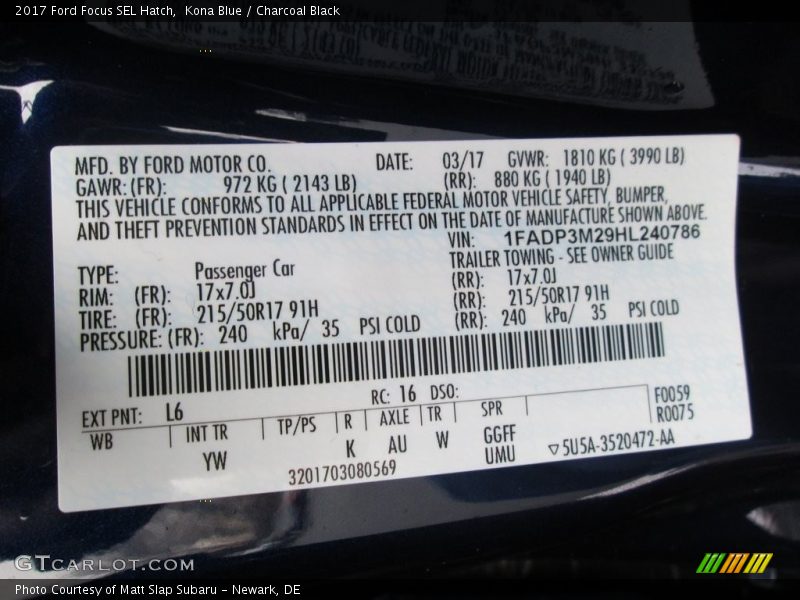2017 Focus SEL Hatch Kona Blue Color Code L6