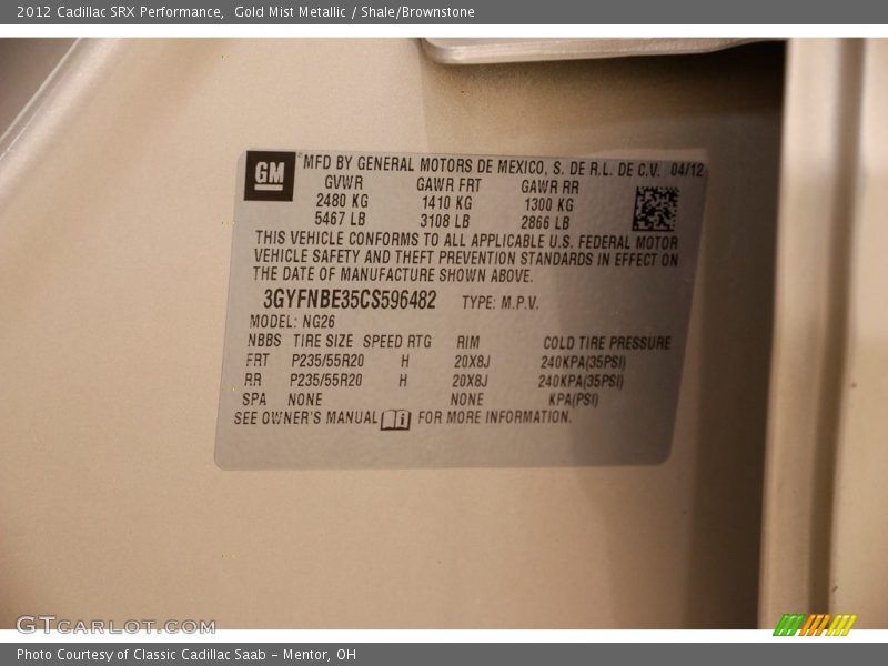 Gold Mist Metallic / Shale/Brownstone 2012 Cadillac SRX Performance