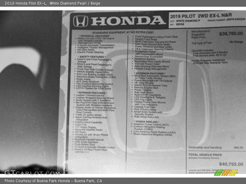 White Diamond Pearl / Beige 2019 Honda Pilot EX-L