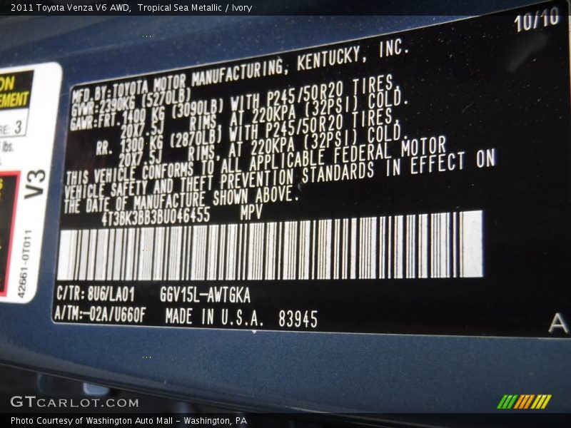 Tropical Sea Metallic / Ivory 2011 Toyota Venza V6 AWD