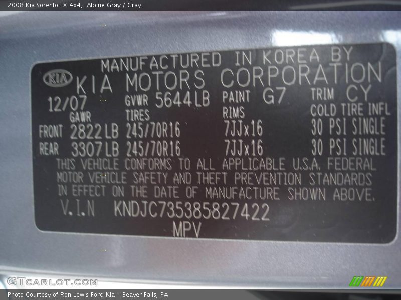 Alpine Gray / Gray 2008 Kia Sorento LX 4x4