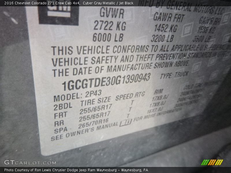 Cyber Gray Metallic / Jet Black 2016 Chevrolet Colorado Z71 Crew Cab 4x4