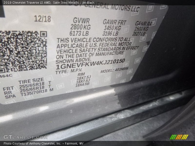 Satin Steel Metallic / Jet Black 2019 Chevrolet Traverse LS AWD