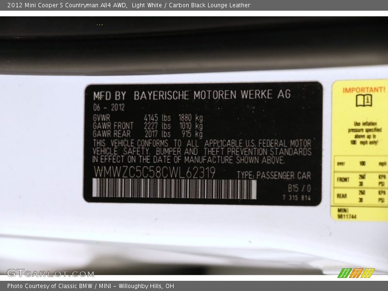Light White / Carbon Black Lounge Leather 2012 Mini Cooper S Countryman All4 AWD