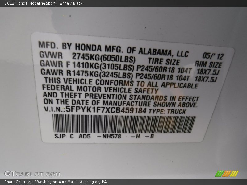 White / Black 2012 Honda Ridgeline Sport