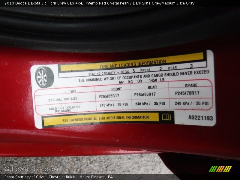 Inferno Red Crystal Pearl / Dark Slate Gray/Medium Slate Gray 2010 Dodge Dakota Big Horn Crew Cab 4x4