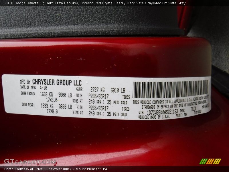 Inferno Red Crystal Pearl / Dark Slate Gray/Medium Slate Gray 2010 Dodge Dakota Big Horn Crew Cab 4x4
