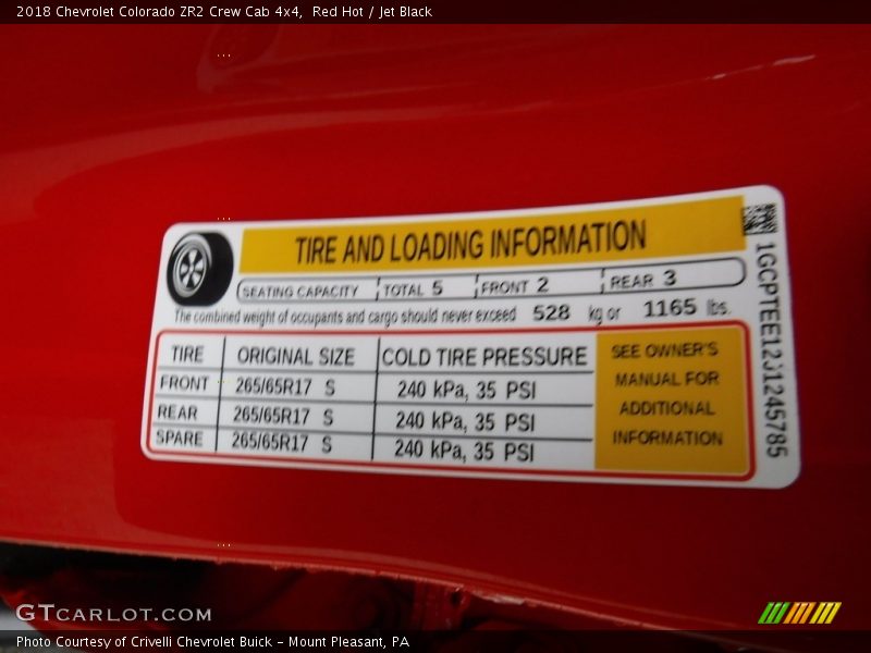 Info Tag of 2018 Colorado ZR2 Crew Cab 4x4