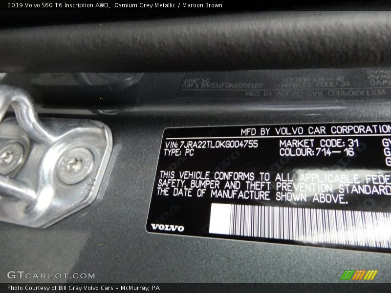 Osmium Grey Metallic / Maroon Brown 2019 Volvo S60 T6 Inscription AWD