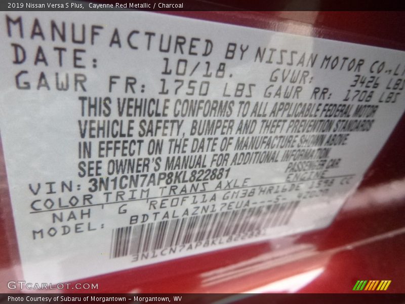 2019 Versa S Plus Cayenne Red Metallic Color Code NAH