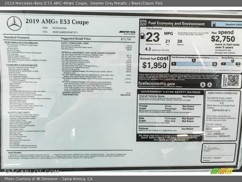  2019 E 53 AMG 4Matic Coupe Window Sticker