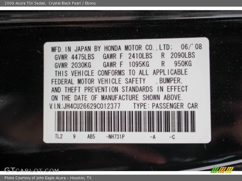 Crystal Black Pearl / Ebony 2009 Acura TSX Sedan