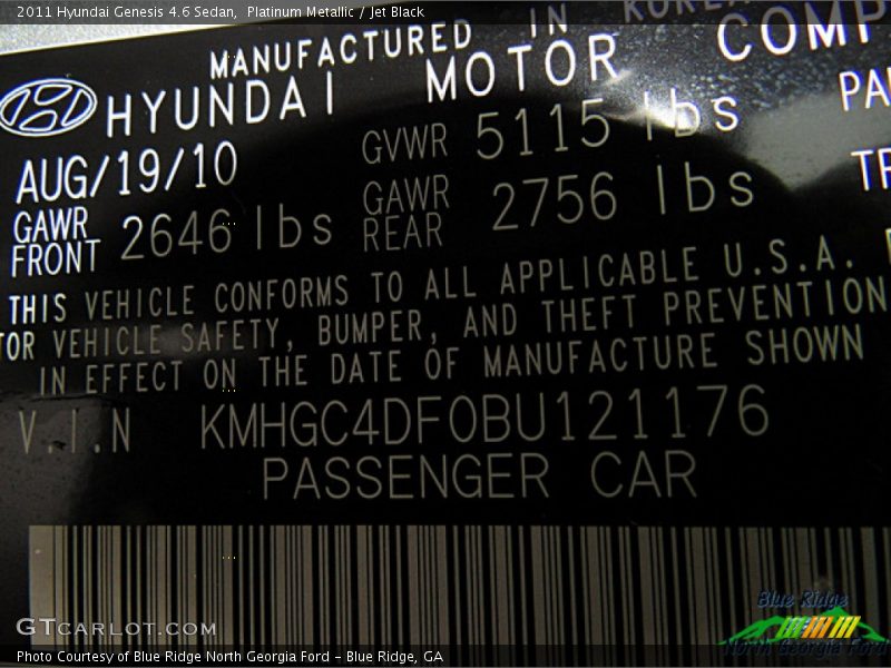 Platinum Metallic / Jet Black 2011 Hyundai Genesis 4.6 Sedan