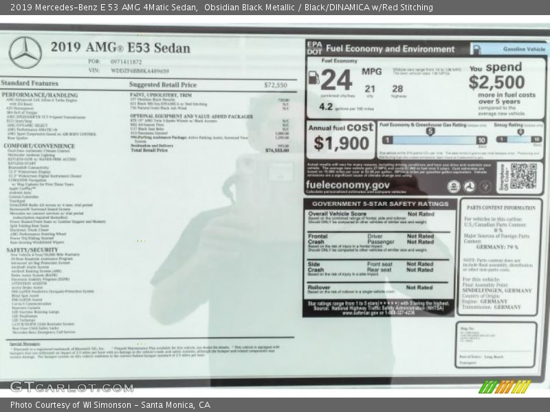  2019 E 53 AMG 4Matic Sedan Window Sticker