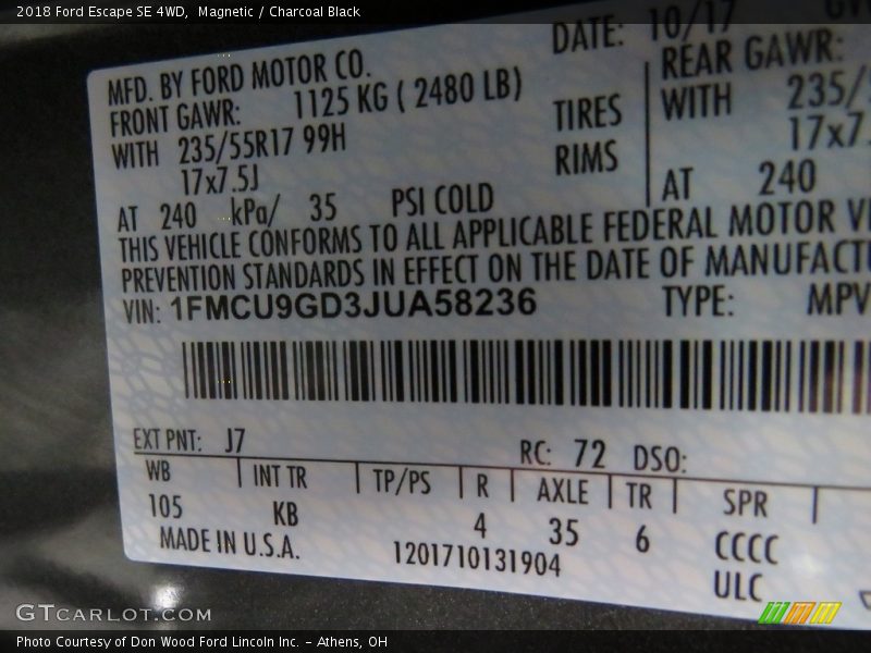 Magnetic / Charcoal Black 2018 Ford Escape SE 4WD