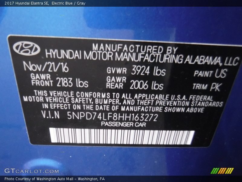 Electric Blue / Gray 2017 Hyundai Elantra SE