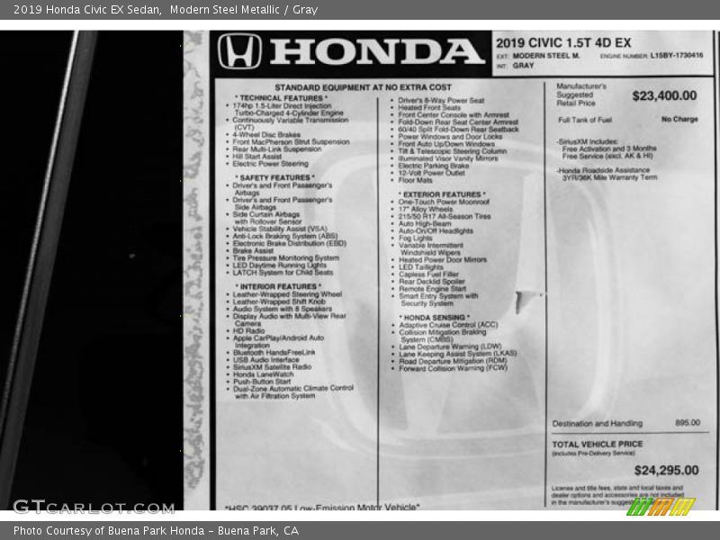 Modern Steel Metallic / Gray 2019 Honda Civic EX Sedan