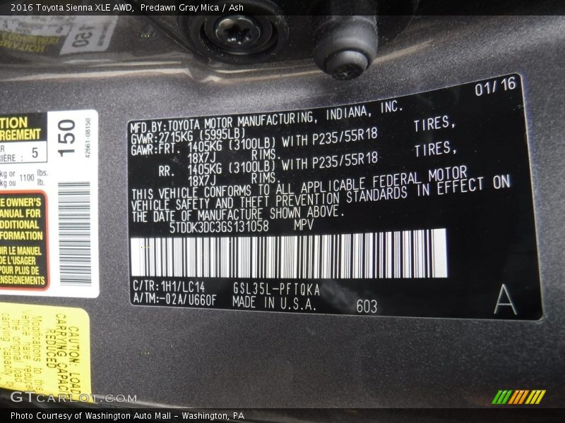 Predawn Gray Mica / Ash 2016 Toyota Sienna XLE AWD