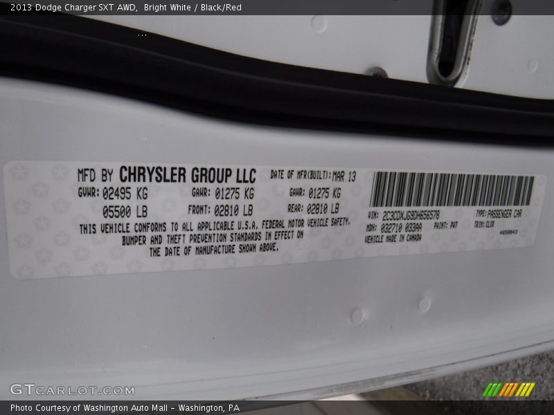 Bright White / Black/Red 2013 Dodge Charger SXT AWD