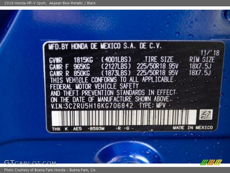 Aegean Blue Metallic / Black 2019 Honda HR-V Sport