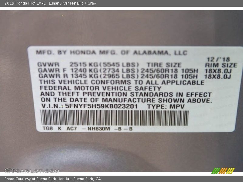 Lunar Silver Metallic / Gray 2019 Honda Pilot EX-L