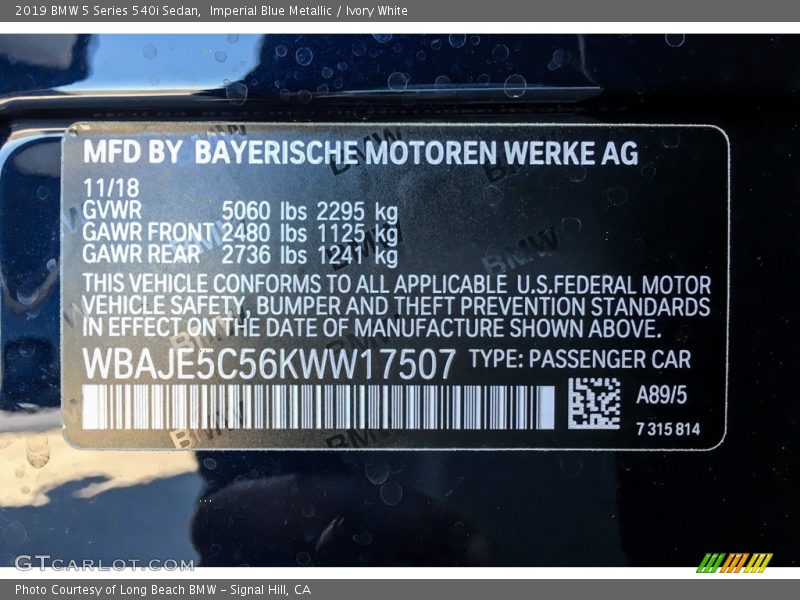 2019 5 Series 540i Sedan Imperial Blue Metallic Color Code A89