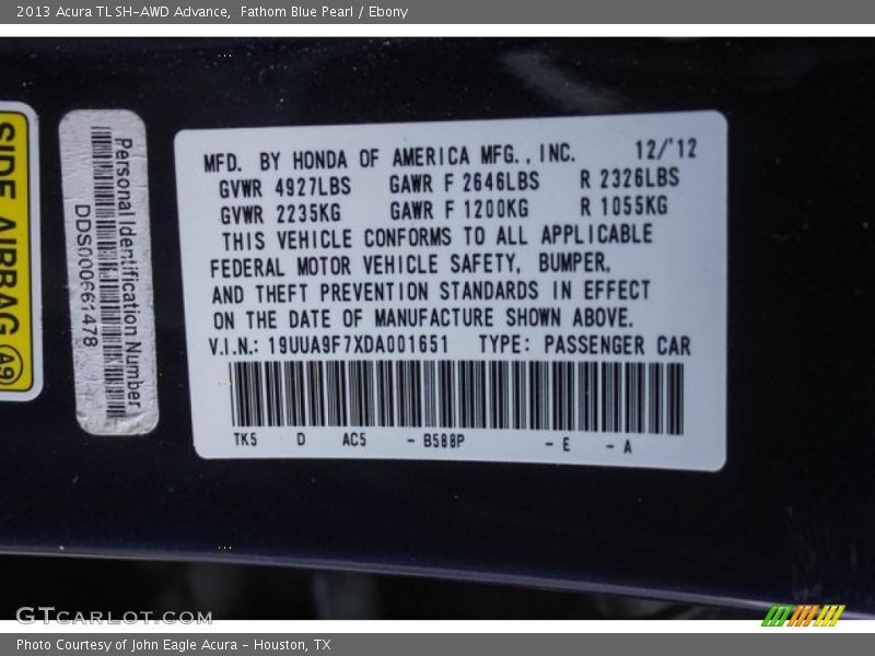 Fathom Blue Pearl / Ebony 2013 Acura TL SH-AWD Advance