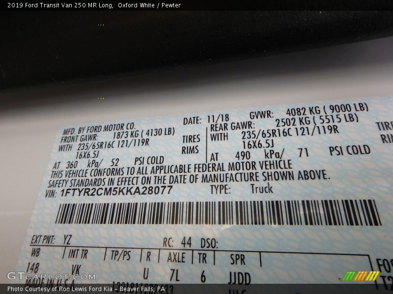 Oxford White / Pewter 2019 Ford Transit Van 250 MR Long