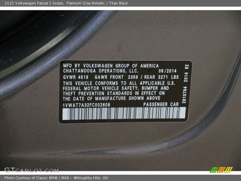 Platinum Gray Metallic / Titan Black 2015 Volkswagen Passat S Sedan