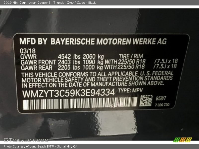 2019 Countryman Cooper S Thunder Grey Color Code B58