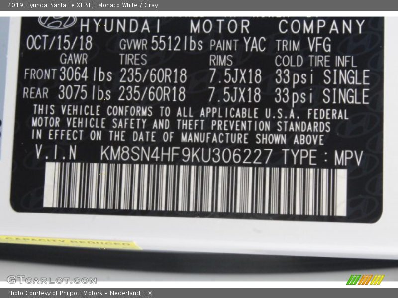 2019 Santa Fe XL SE Monaco White Color Code YAC