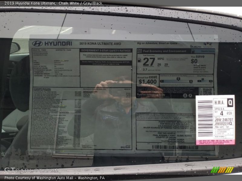 Chalk White / Gray/Black 2019 Hyundai Kona Ultimate
