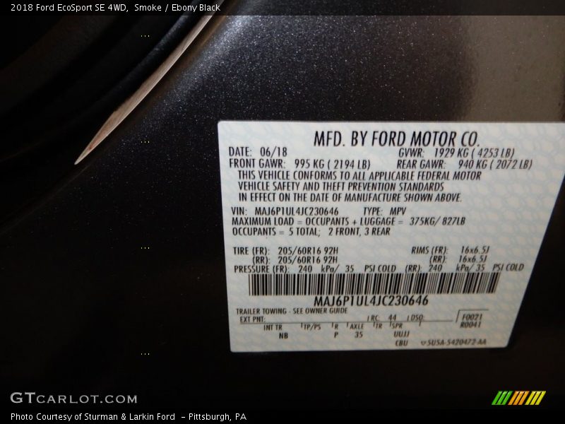 Smoke / Ebony Black 2018 Ford EcoSport SE 4WD